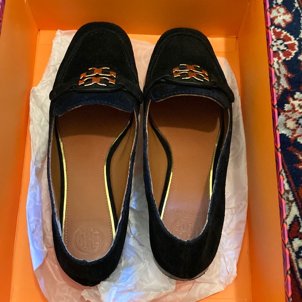 Tori Burch perfect black gold Loafers Metal Miller suede 6.5 worn 1x excellent